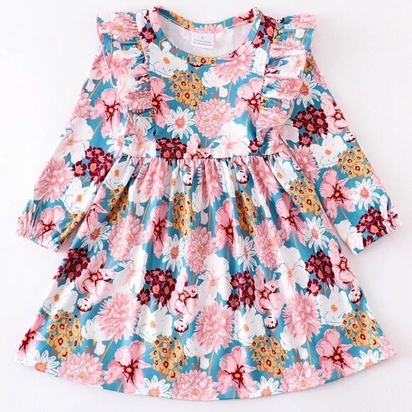 Burgundy Teal Girls Floral Dress Girls Size 5 - Picture 1 of 1